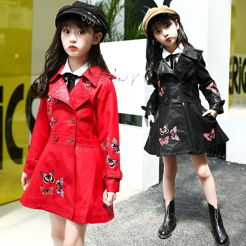 

Длинная стильная куртка из искусственной кожи для девочек, двубортная кожаная куртка с бабочками для детей, верхняя одежда принцессы на осе...