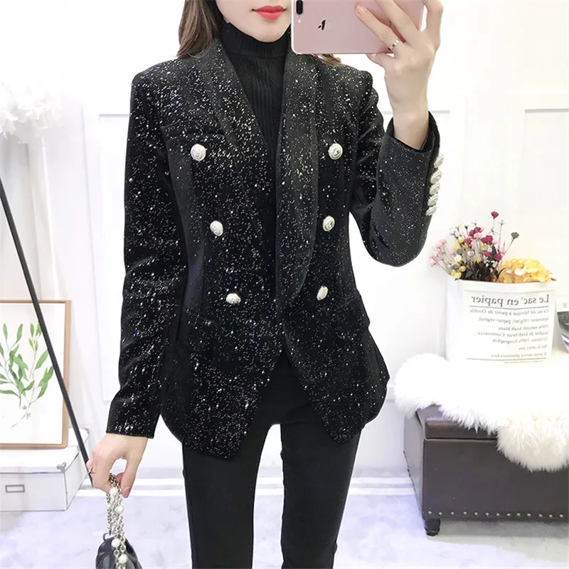 Женский блейзер с длинным рукавом подиумный двубортный блестками верхняя одежда