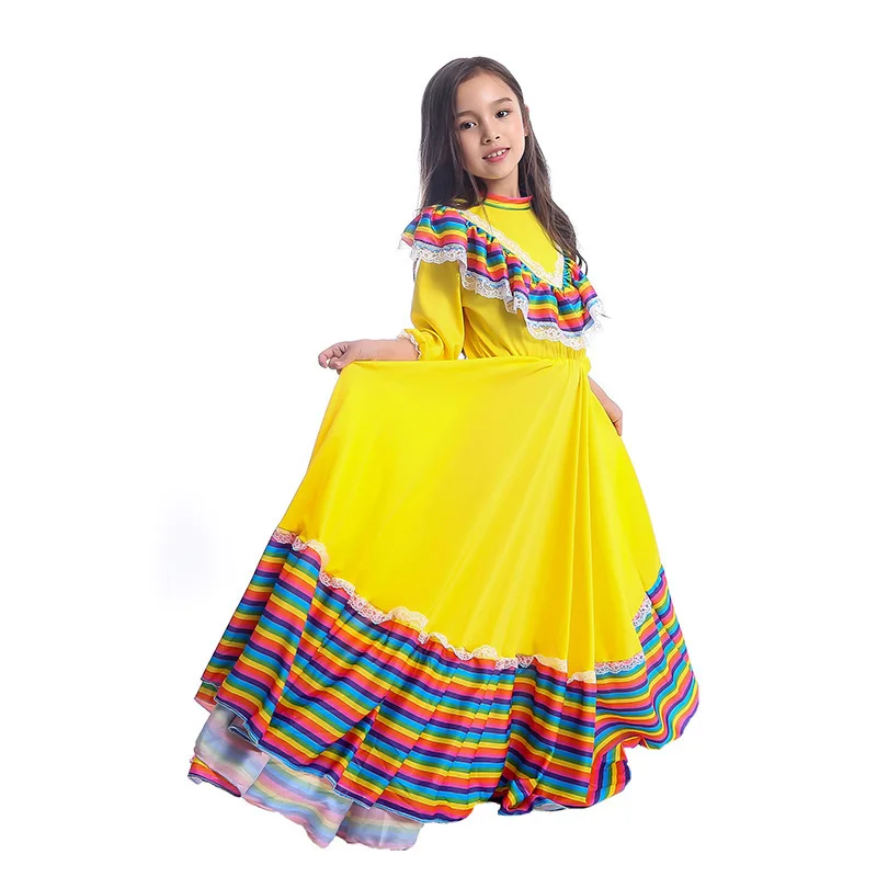 Traditional Mexican Girl Long Dress Dance Clothing Children's Day Kid Girls Stage Performance Clothes Cosplay jumpsuit |