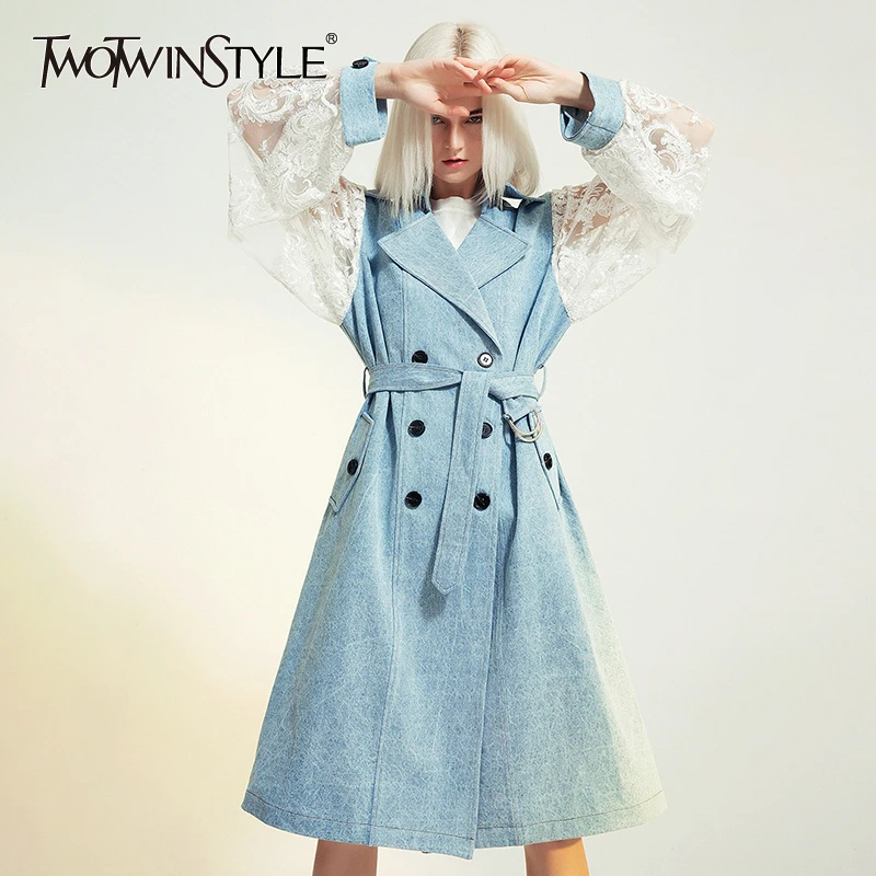 TWOTWINSTYLE Лоскутная кружевная Женская ветровка воротник с лацканами длинный рукав