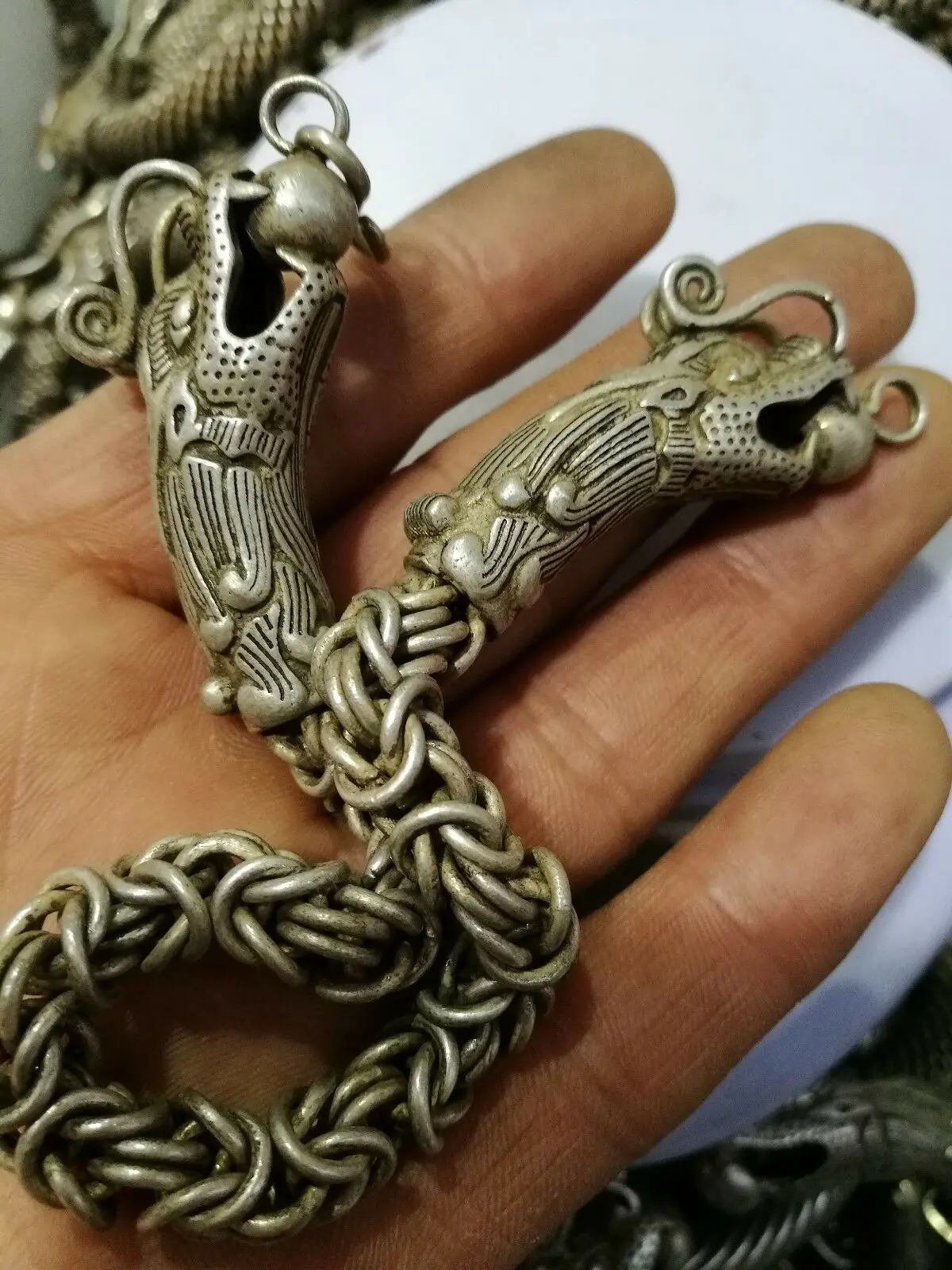 

Китайская старая ручная работа тибетский серебряный вырезать дракона регулируемый браслет пара