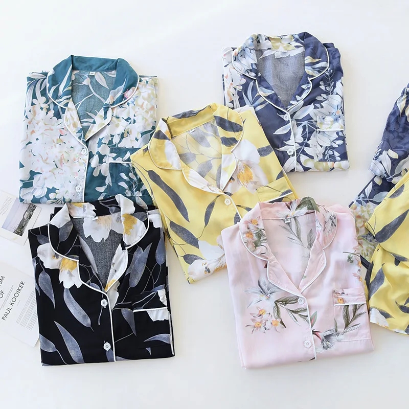 Spring/summer Women Pajamas Set Cotton Silk Thin Long Sleeve Women's Sleepwear Trouser  Rayon Fashion Loose Homewear Two Pieces