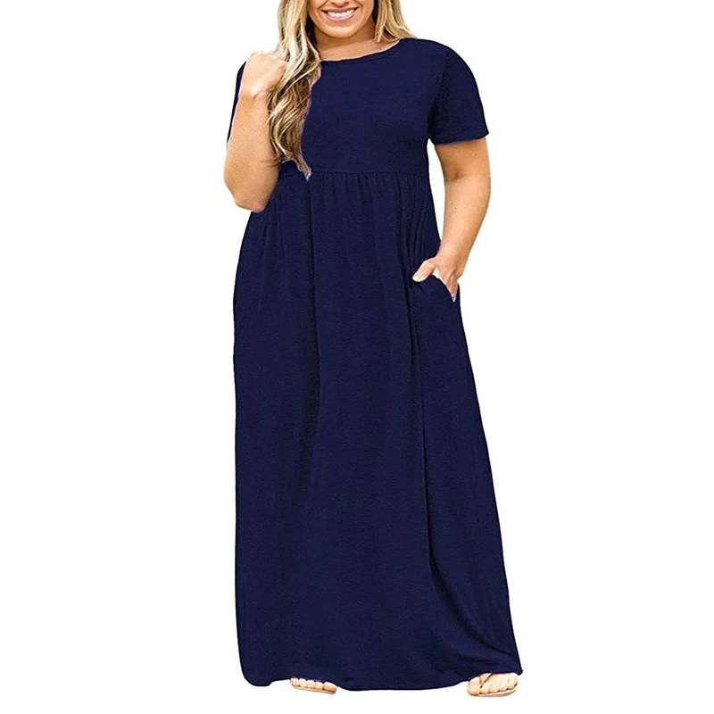 

2021 Summer Women's New Casual Solid Color Short-sleeved Round Neck Dress Large Size Ladies Long Dress Female Bohemian Dress