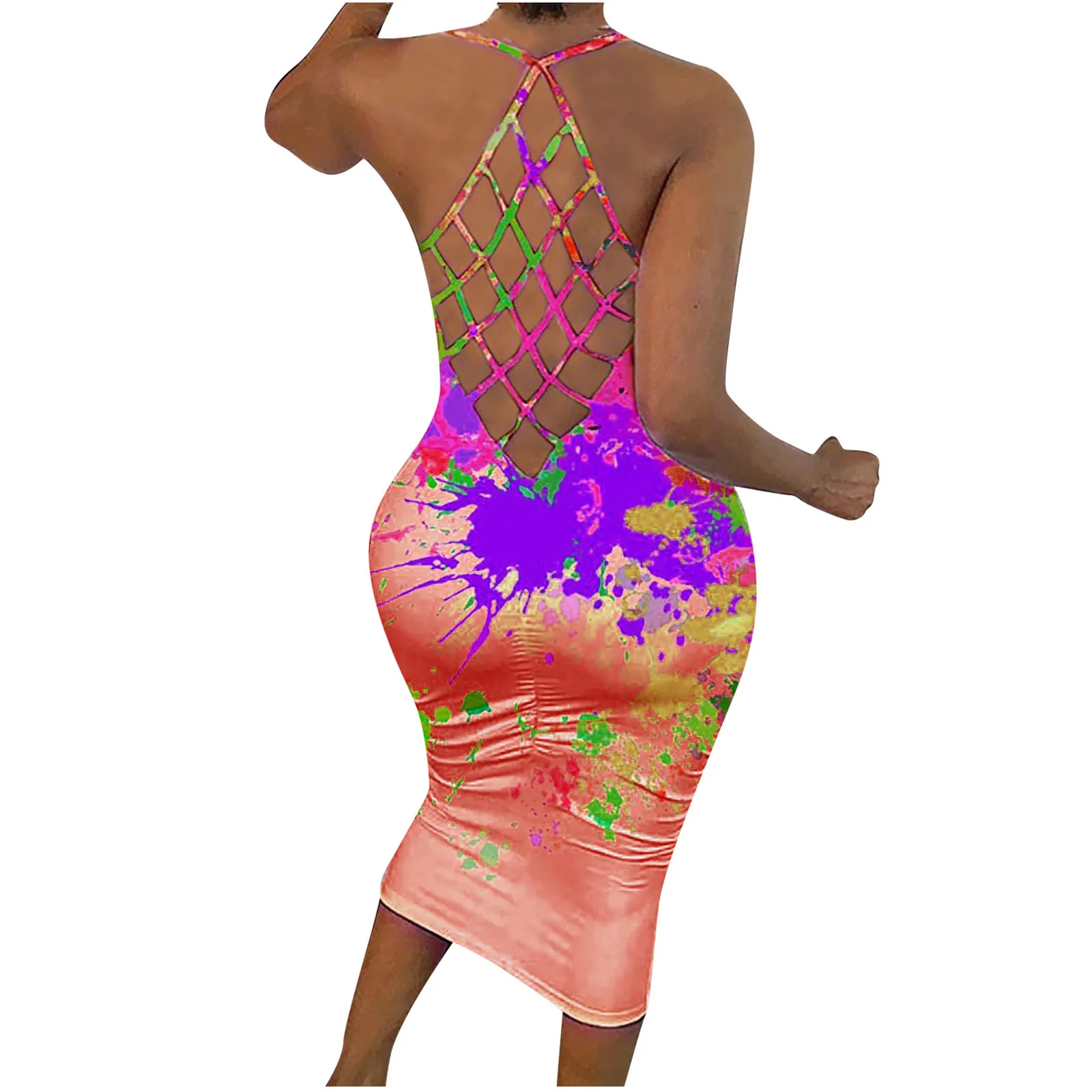 

Пикантные с лямкой на шее, Платье из сетчатой ткани с длинными рукавами и цветочным принтом для Цвет Sling ажурные Платье с круглым воротником ...