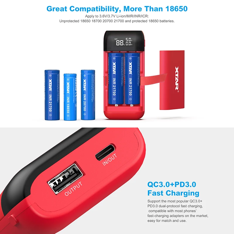 XTAR Мощность банк ЖК-дисплей USB Зарядное устройство QC3.0 Тип-C вход PB2S для 18700 20700 21700 18650 Батарея/только PB2 Батарея Зарядное устройство для 18650