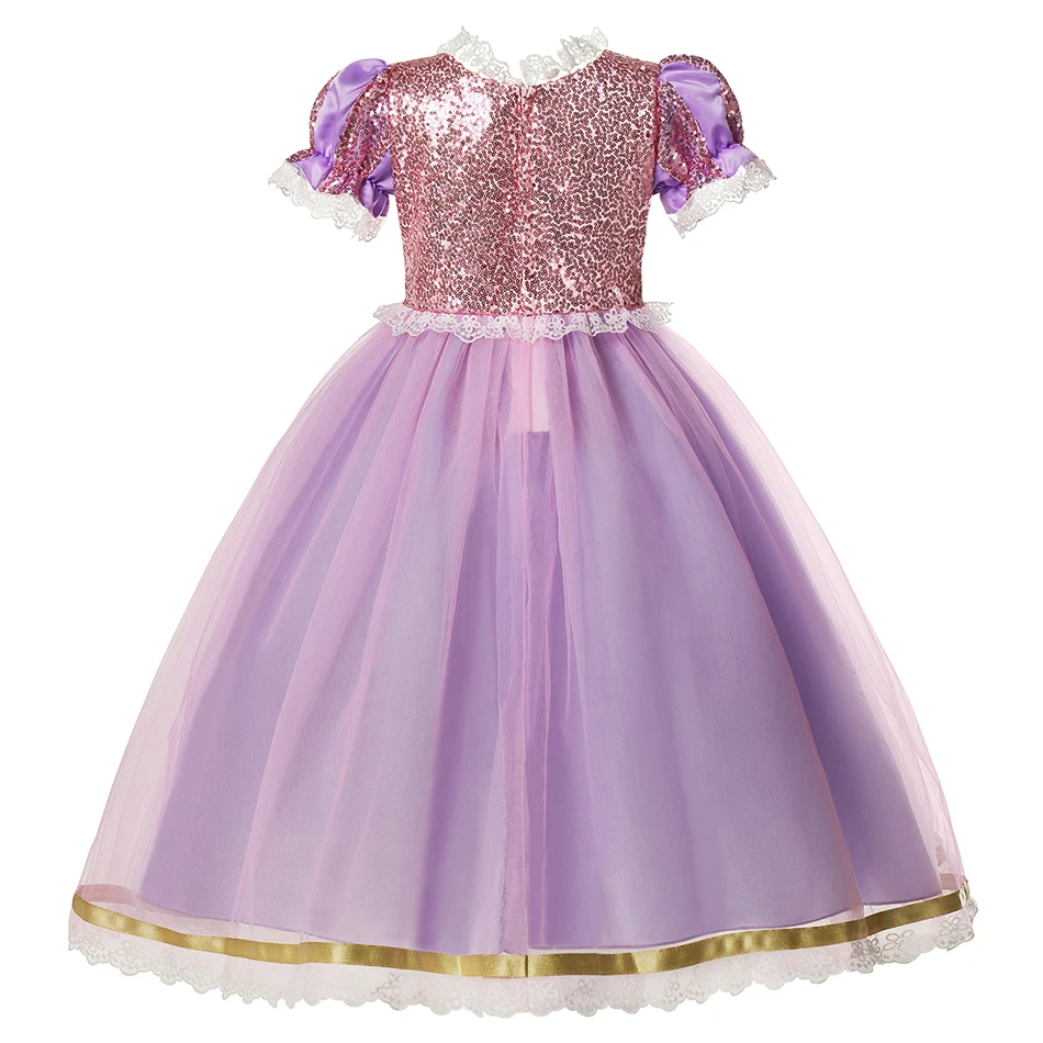 Disney Tangled Princess Costume for Girls Short Sleeve Sequined Mesh Ball Gown Kid Exquisite Rapunzel Party Dress Christmas Robe
