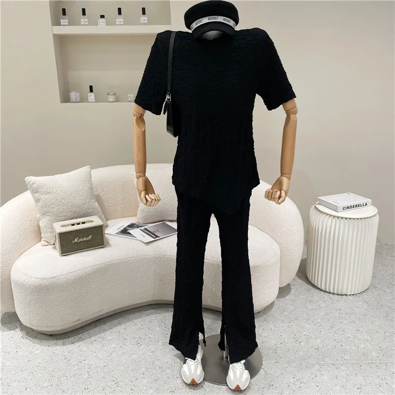

Two piece set Women's Spring Summer 2021 Fashion Irregular wrinkle short sleeve top high waist split wide leg pants Casual suit