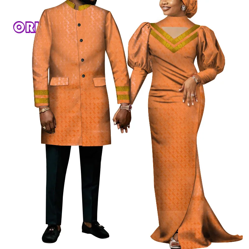

2 Pieces Set Couple Traditional African Clothing Long Men Shirt Women Maxi Dress for Party African Clothes for Couple WYQ713