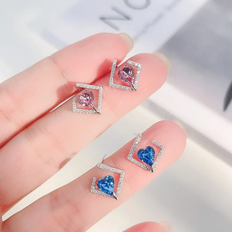 

XIAOBOACC S925 Sterling Silver Stud Earring for Women Korean Fashion Pink Blue Crystal Love Earrings Jewelry Set Dorpshippng