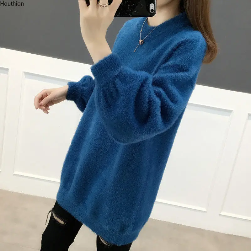 

Осенний Новый женский свитер, топы с круглым вырезом и длинным рукавом, однотонная свободная вязаная Повседневная модная одежда