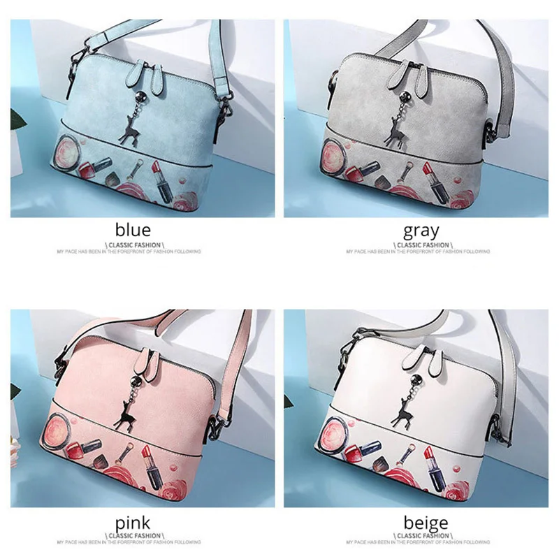 

CONAGY Purses and Handbags Deer Pendant Women's Shoulder Bag Cartoon Print Blue Crossbody Bag Women Pu Leather Pink Shell Bags