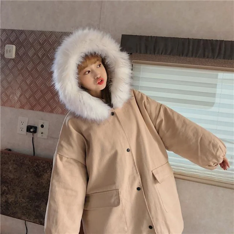 

Женская теплая куртка средней длины, парка с меховым капюшоном светло-розового цвета в Корейском стиле, зимнее хлопковое пальто для студент...