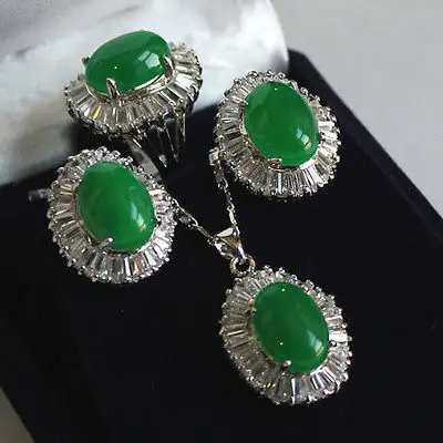 

wonderful lady's 10-14mm green natural stone beads 18KGP ring7/8/9 pendant earring set