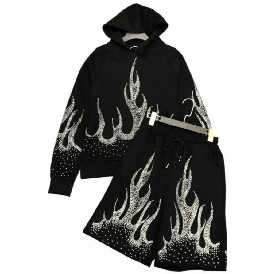 New Fashion Autumn Water-drill Flame Hooded Coat Loose Hoodies + Drawstring Hot-drill Shorts Two Piece Female Leisure Sport Suit | Женская
