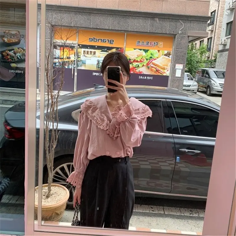 

Alien Kitty Gentle Lace Hollow Out Ruffles 2021 Office Lady Solid Women Chic Stylish Loose High Street Feminine Casual Shirts