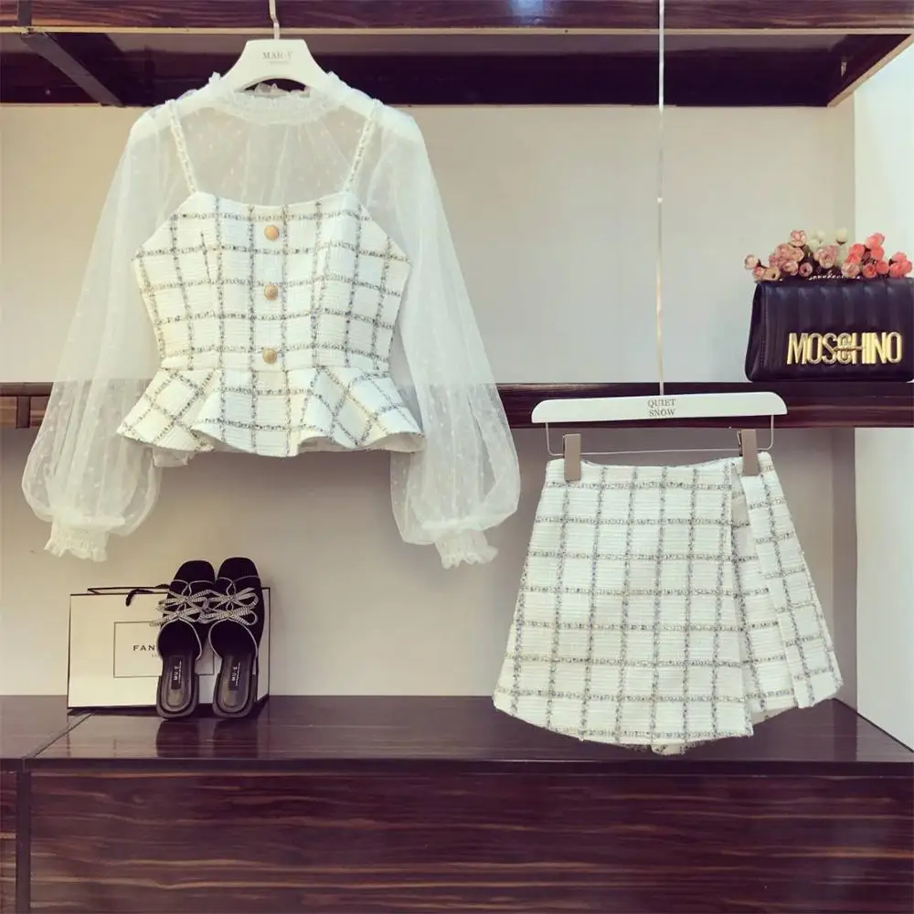 Комплект из 3 предметов Женская Осенняя новая сетчатая рубашка + маленькая куртка