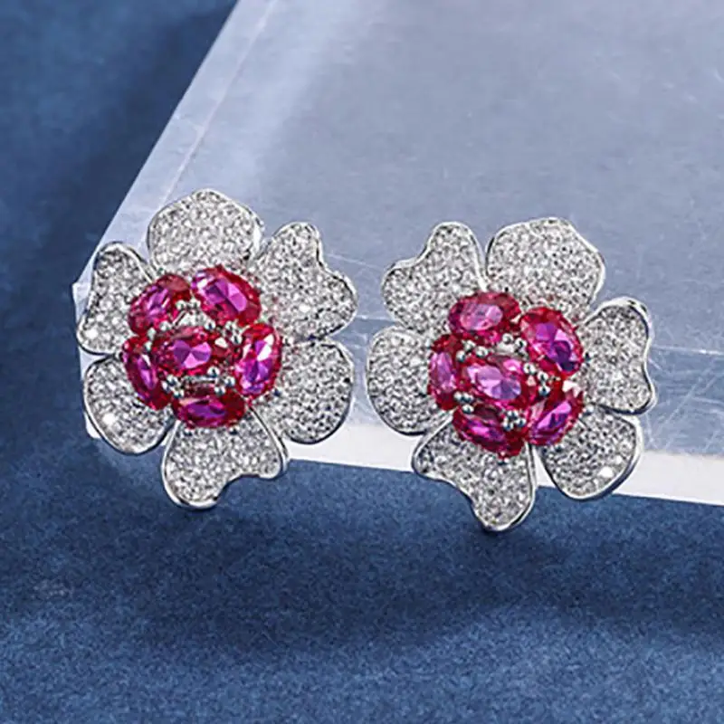 

2021 Trend Vintage High Carbon Diamond Ruby Gemstone Flower-shaped Earrings For Women 925 Sterling Silver Female Jewelry Gift