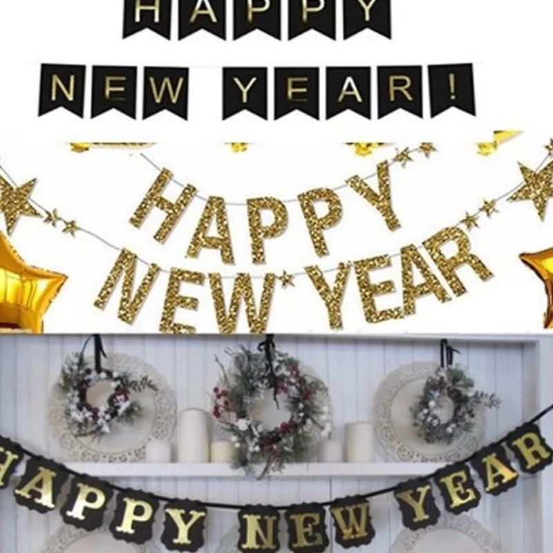 

Glitter hangtag banner gilt happy New Year letter flag drawing paper New Year party decoration hanging decorations