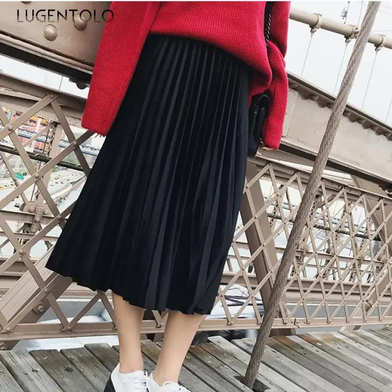 

Lugentolo Women Skirt Spring Autumn Pleated Elegant Skirt Simple Casual Solid A-word Lady Fashion All-match Skirts