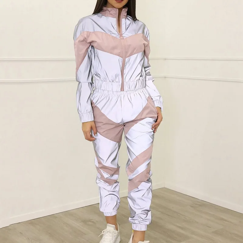 

Autumn Zipper Two Piece Set Top and Pants Streetwear Reflective Female Tracks Casual Patchwork Long Sleeve Ladies Pants Set