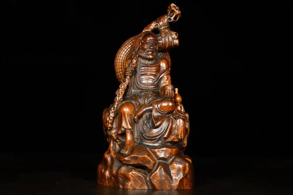 

7" China Lucky Seikos Boxwood Dharma Buddha statue Dharma scepter back straw hat wood carving Bodhidharma statue