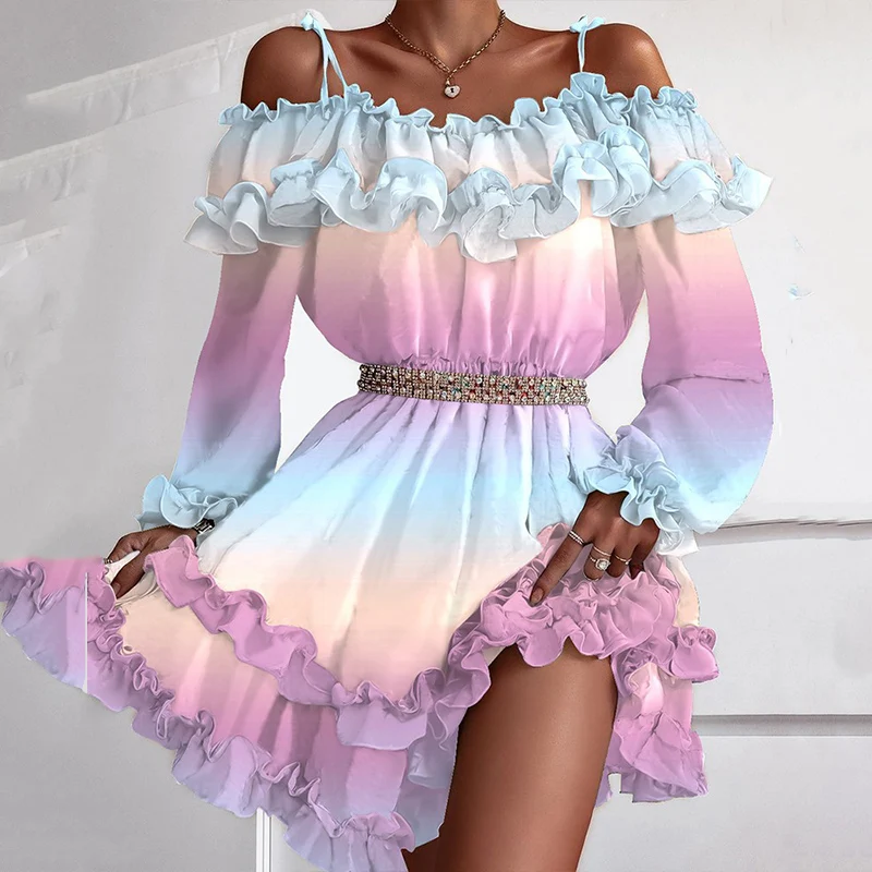 

Sexy Off Shoulder Ruffle Mini Dresses Women Elegant Slash Neck Summer Beach Dress Casual Vintage Floral Print Ladies Party Dress