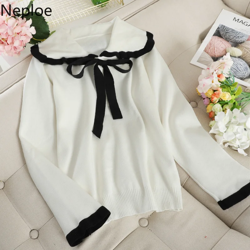 Neploe женский Однотонный свитер с круглым отложным воротником и длинным рукавом