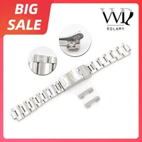 rolamy 20mm 316l steel watch band hollow curved end glide lock clasp silver brushed bracelet for rolex vintage submariner oyster