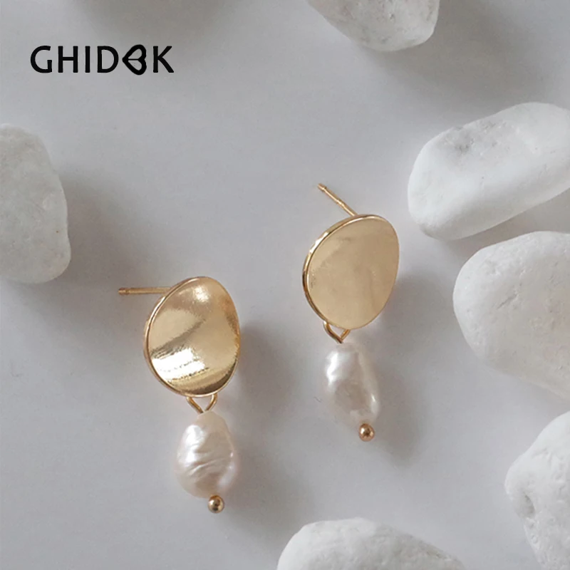 GHIDBK Gold Color Freshwater Pearls Dangle Earrings for Women Minimalist Metal Coin Disc Simple Statement 2018 | Украшения и