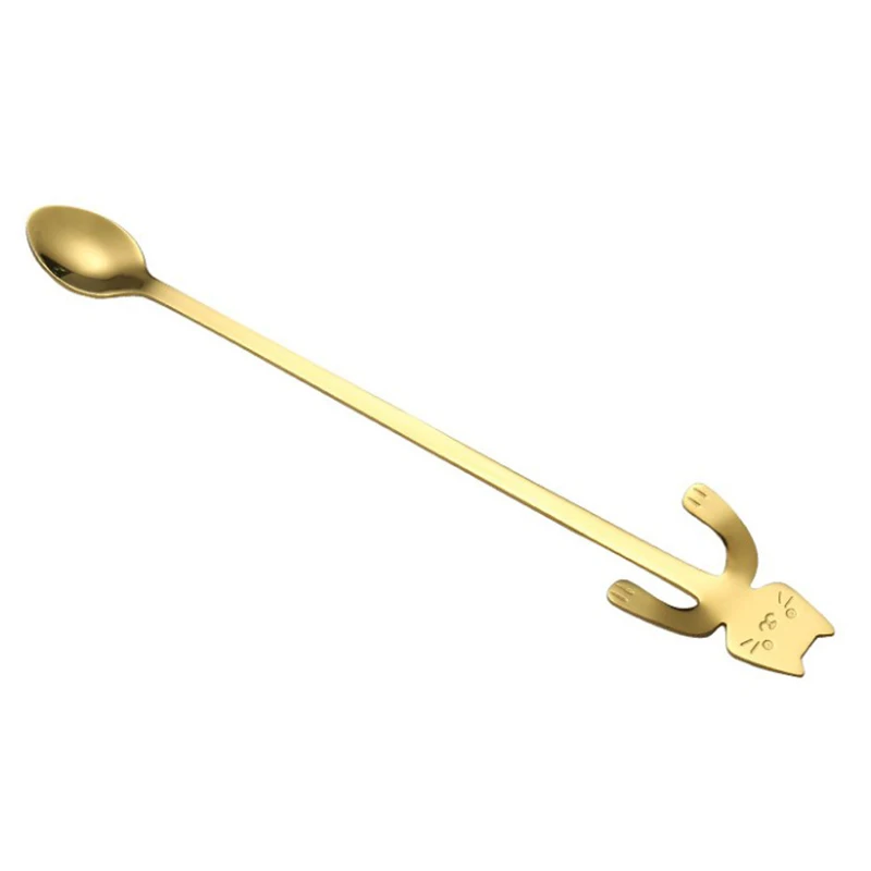 20cm Gold Ложки для кофе из нержавеющей стали, чайные ложки, ложки «кошка», чайная ложка для размешивания кофе десертный суповой ложки, длинные и короткие ручки - Цвет: 20cm Gold