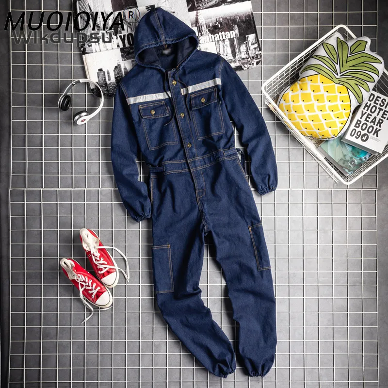 

Комбинезон мужской с длинным рукавом, рабочая одежда, светоотражающая форма, джинсовые брюки, модный ромпер с капюшоном, цельная одежда для ...