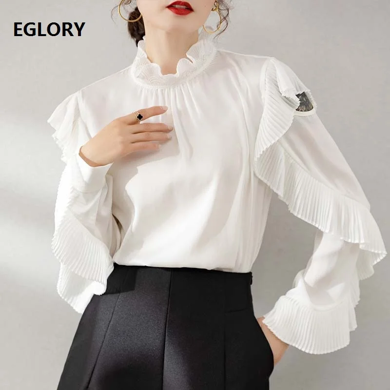 

100%Silk Blouses 2021 Spring Summer Tops Women Hollow Out Sexy Long Sleeve Elegant White Pure Silk Shirt Blusas Feminino XL Size