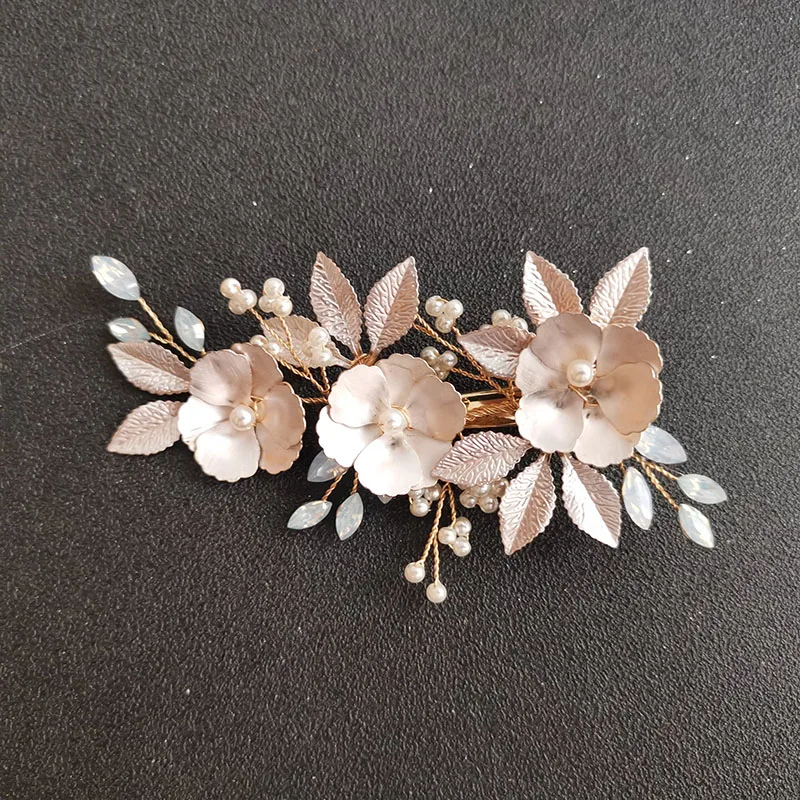 

SLBRIDAL Handmade Alloy Flower Leaf Opal Crystal Pearls Bridal Hair Clip Barrettes Wedding Headpieces Women Hair Accessories