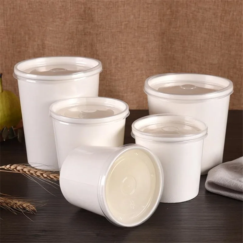 

20pcs/lot White Kraft Paper Cups With Plastic Lid Disposable kitchen Soup Bowl Porridge Bowl Takeaway Package Box Party Supplies
