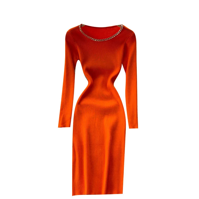 

2021 Autumn And Winter Women's Knitted Casual Dress Round Neck Long Sleeve Slim Mid-length Dress Tght Stretch Dress
