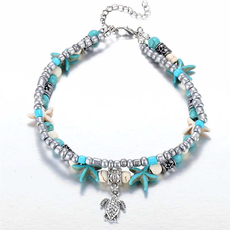 

IL39RI3 Turquoise & Howlite Double Chains Bead Ankle Bracelet Ethnic Bohemian Jewelry Beach Layered Turtle Starfish Charm Anklet