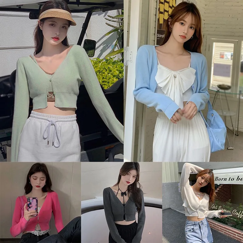 

2021 Spring High-Waist Single-Breasted Top Women's Long-Sleeved New Knitted Cardigan Sweater Slim Fit Short Coat Sunscreen Top