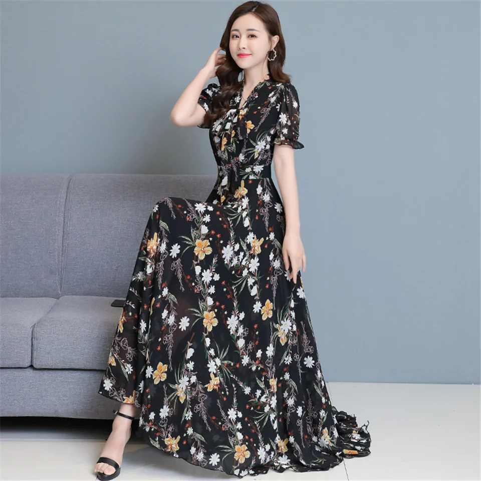 

Elegant Fashion Printed Party Dress Summer Boho Chiffon V-Neck Bow Beach Dress Women Slim Floral Long Big Swing Dress Vestidos