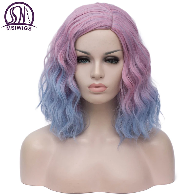 MSIWIGS Женские Двухцветные короткие розовые голубые парики короткие кудрявые 14 дюймов Синтетические волосы парик для черных белых женщин косплей боб парики