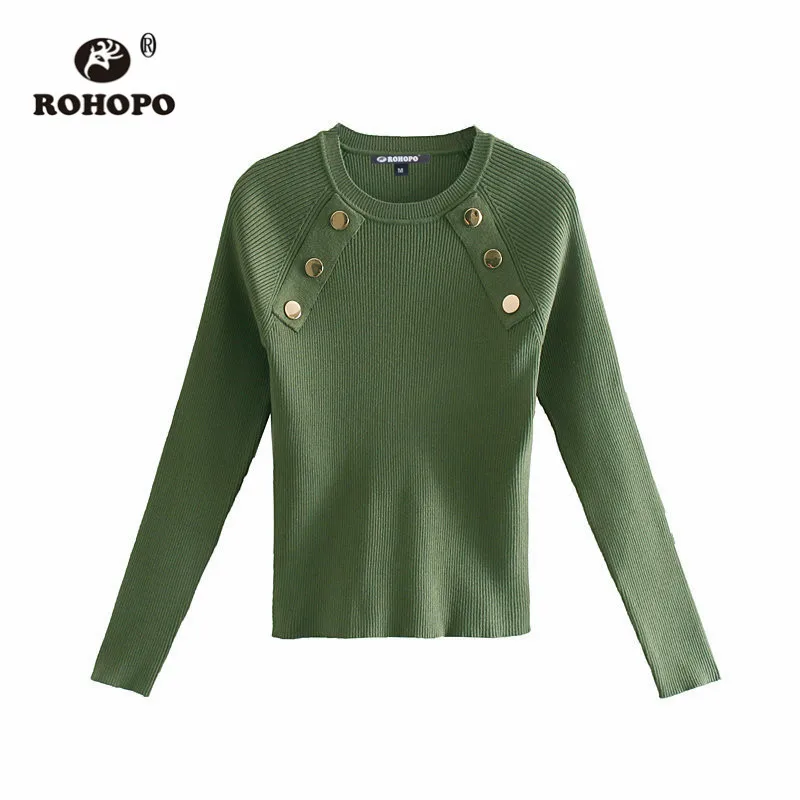 ROHOPO круглый воротник передние кнопки тонкий свитер длинный рукав черный зеленый