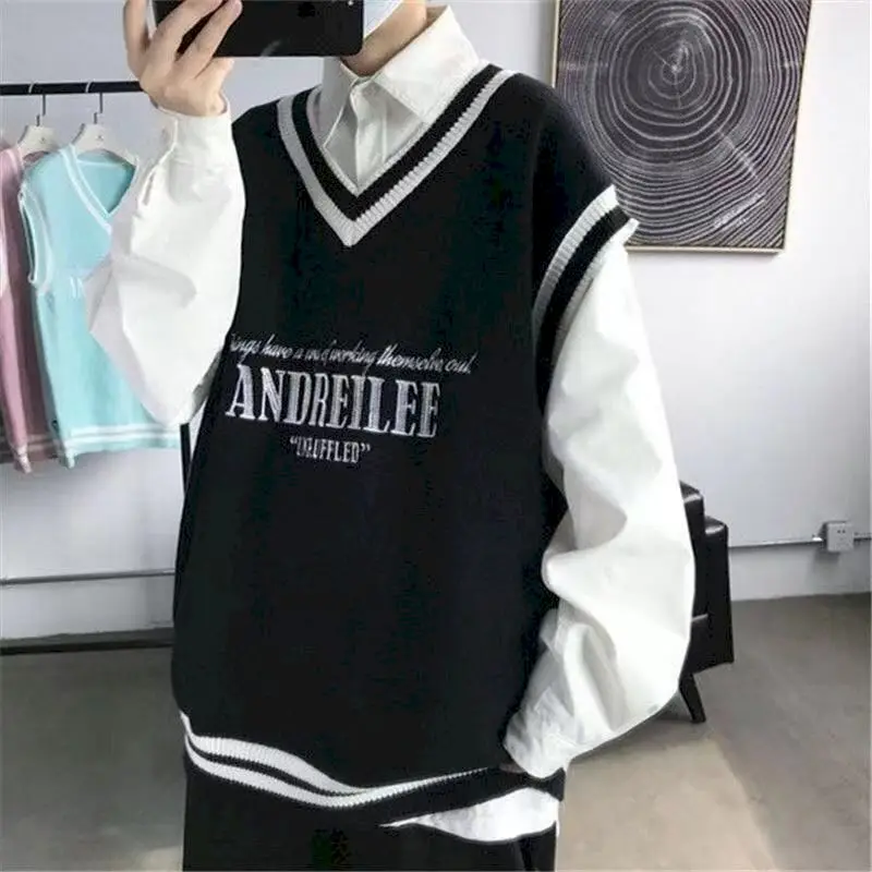 

Sweater Vest Men V-neck Patchwork Leisure Loose All-match Streetwear Sleeveless Sweaters Mens Chic Korean Style Couples Harajuku