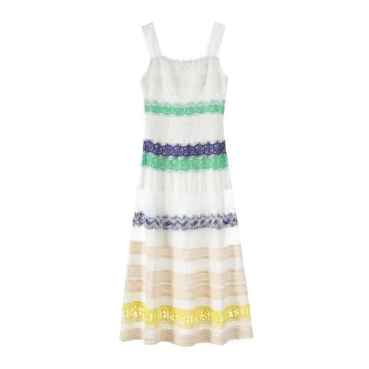 

New paragraph with the summer 2019 hitting color lace stitching G0310 long dress with shoulder straps