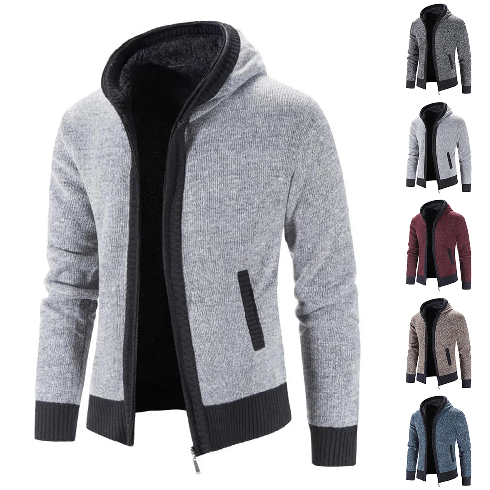

Mens Zipper Cardigan Autumn Long Sleeve Hooded Fashion Solid Coat Knitted Sweater Outwear Casual Tops Winter Streewear