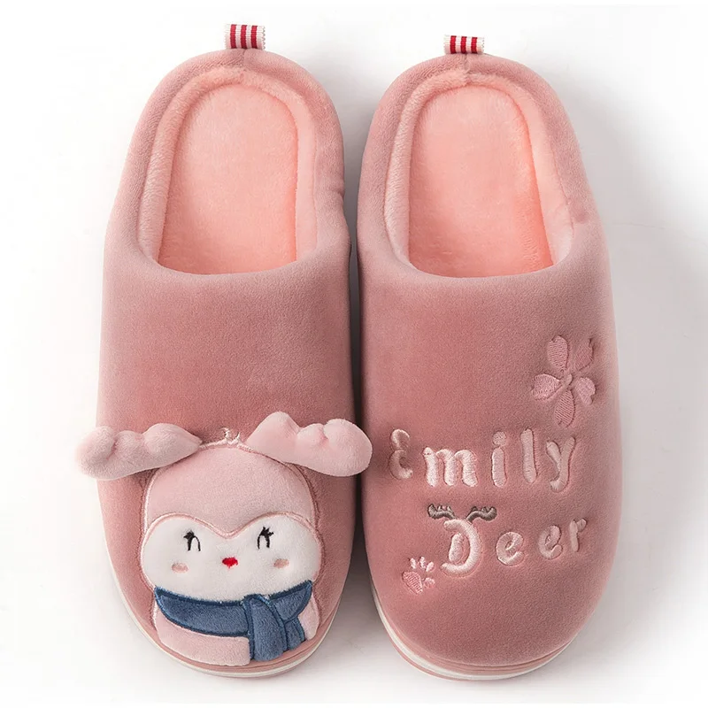 Women Home Flat Slippers Indoor Shoes Female Slip On Cute Cartoon Deer Furry Warm Ladies Christmas Woman Shoes Soft Footwear