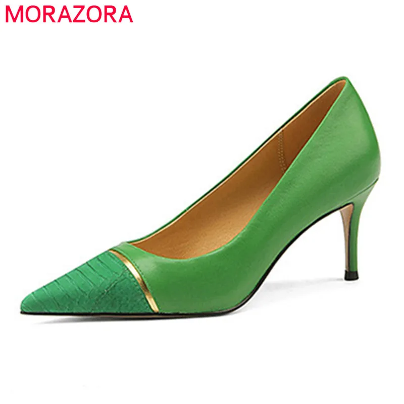 

MORAZORA Top Quality Genuine Leather Shoes Women Thin High Heels Single Shoes Pointed Toe Slip On Party Dress Shoes Women Pumps