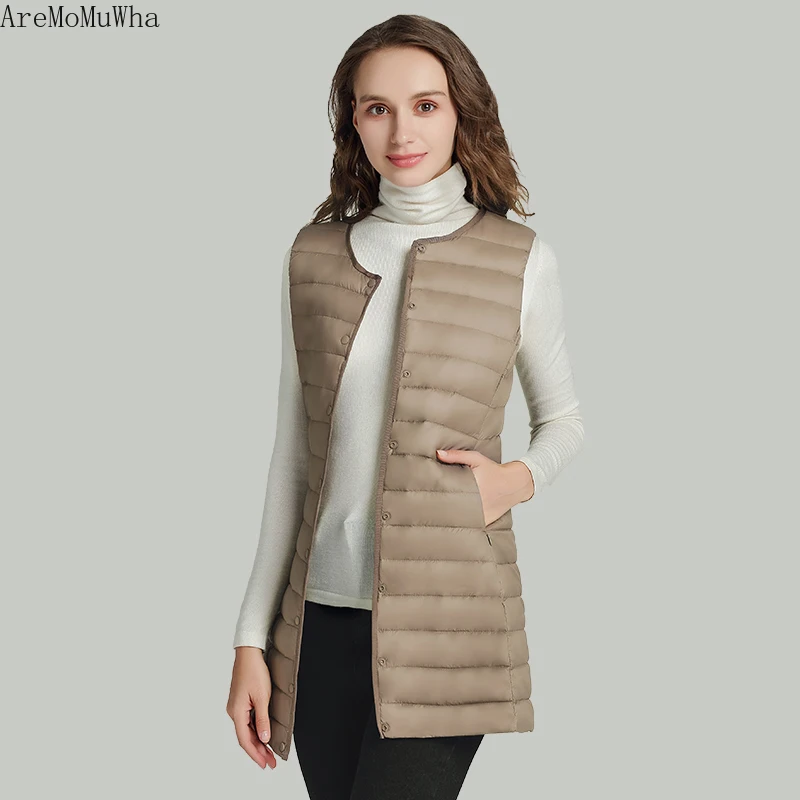 Lightweight Down Vest Women 2021 Spring New Single-breasted Mid-length Round Neck Casual Inner Down Jacket Vest down jacketM-4XL