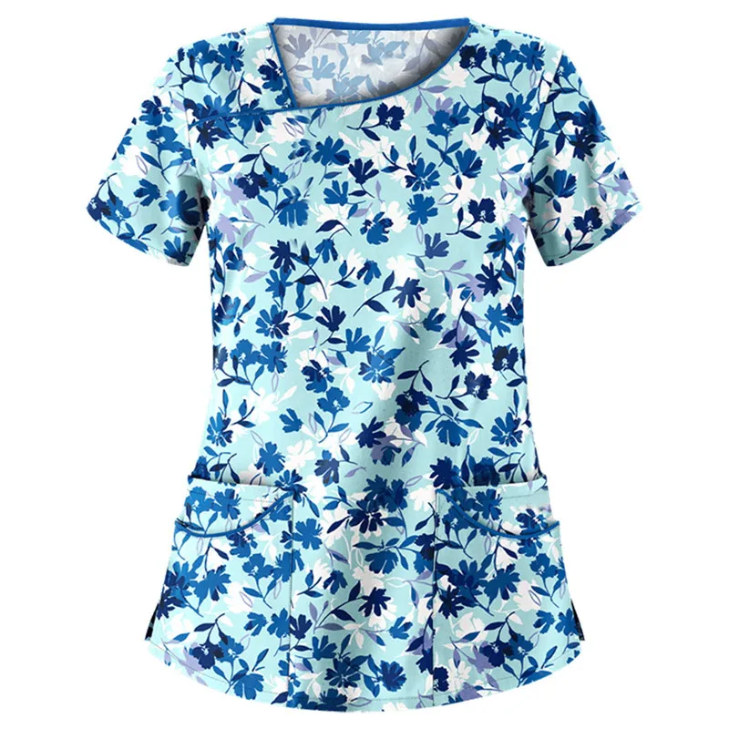 

Women Cute Cartoon Print Nursing Scrubs Tops T Shirt Casual Short Sleeve Women Scrubs Uniforms Nurse V-neck Pocket Women Clothes