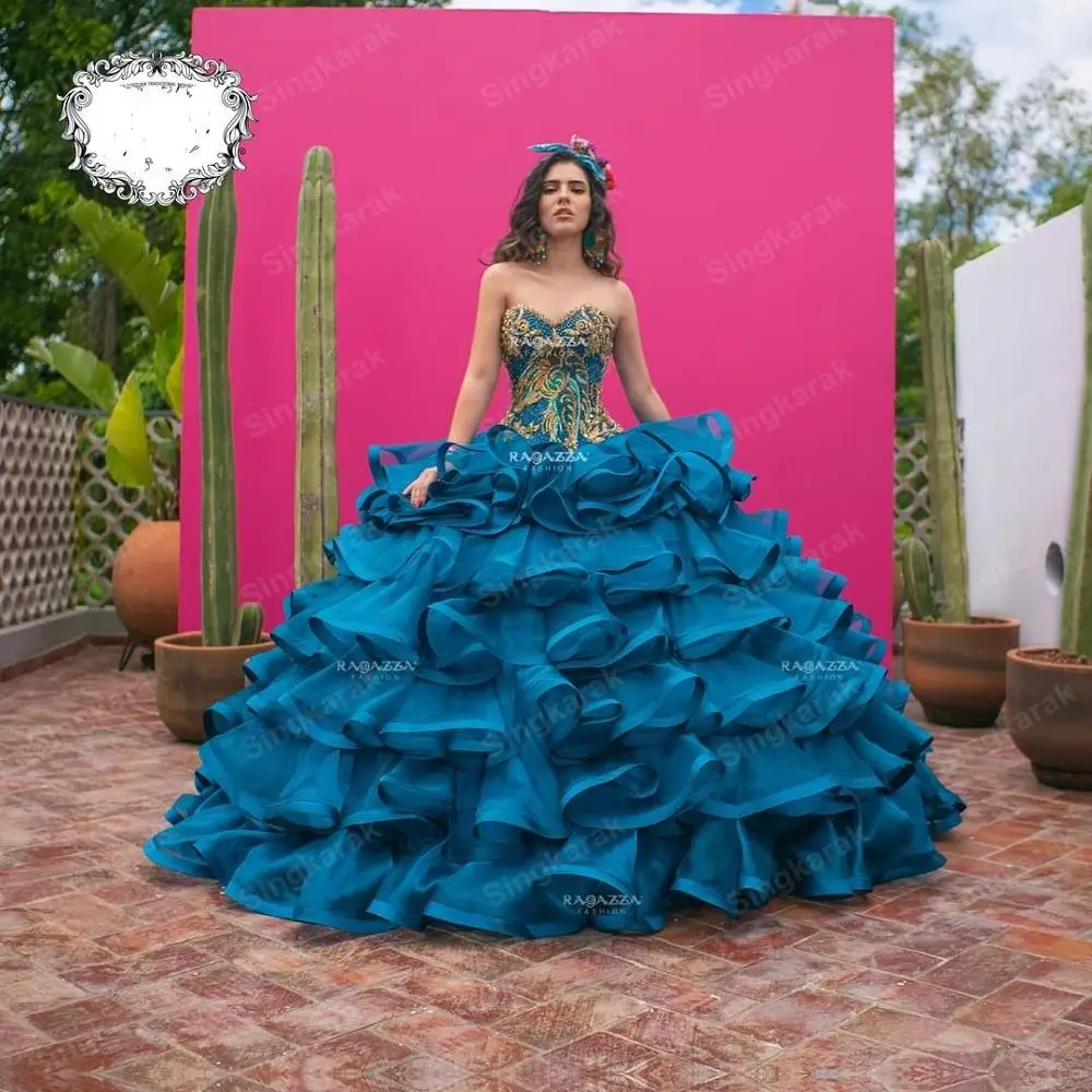 

Blue Tulle Long Quinceanera Dresses Ball Gowns 2021 New Design Beading Top Sweet 16 Dress Incinerate vestido de 15 anos