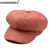 showersmile womens newsboy caps beret solid wool octagonal cap ladies pink painters hat female autumn colorful french artist hat