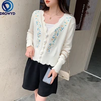 2021 autumn and winter new korean style slim lace embroidery single breasted knit cardigan sweater fashion v neck sexy sweater